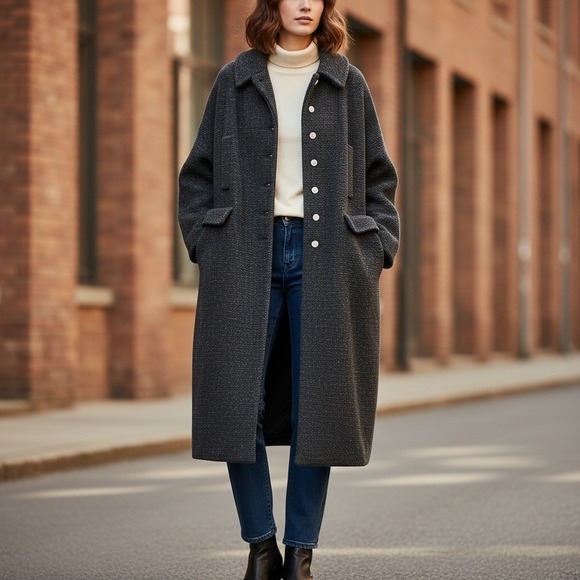 Jackets & Blazers - Vintage 1960's Trench Coat L Large Black Gray White Buttons L Large